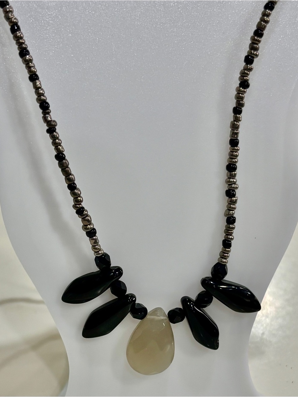 Timeless & Elegant Handmade Glass Beaded Statement Necklace in Black and Gray